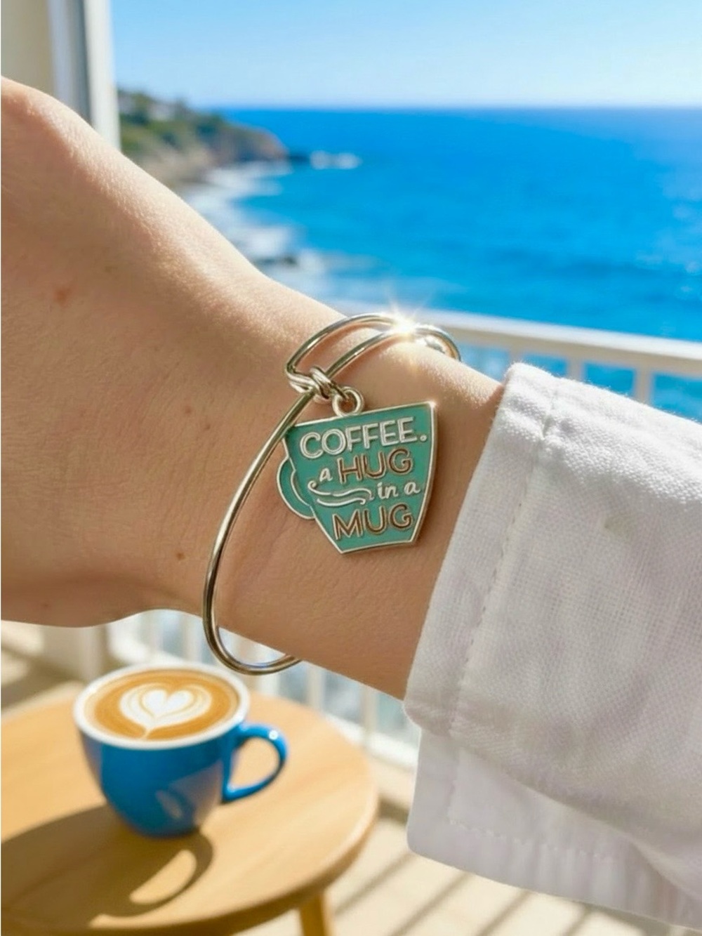Silver Bangle Bracelet with Teal Coffee Mug Charm - "Coffee a Hug in a Mug"